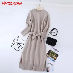 MNCCMOAA 2023 Autumn Winter Women Fashion Round Neck Belt Knitting Dress Female Solid Color Casual Loose Dresses