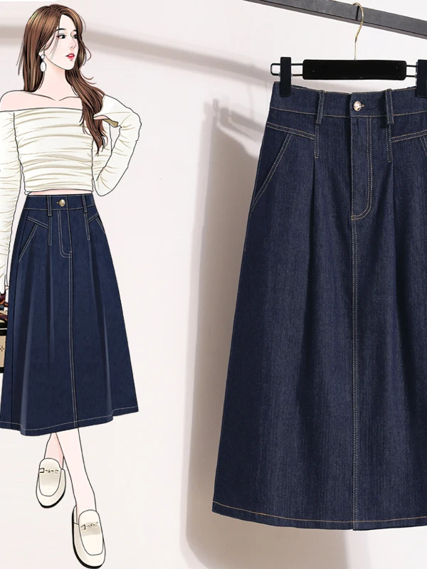 Authentic Large Size Elastic Waist Denim Skirt Long Loose Midi Skirt for plus Size Women Autumn Collection Comfortable Fit