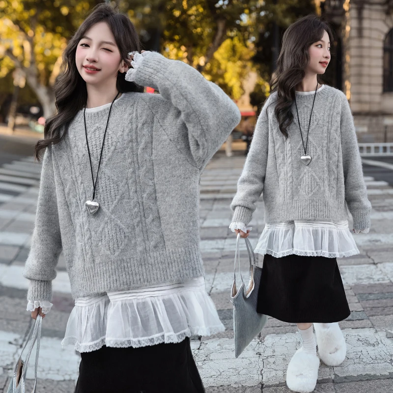 autumn winter junior girls grey round neck sweater junior Casual Bold Knitted Top kid pullover clothes 4 114 children pull fille