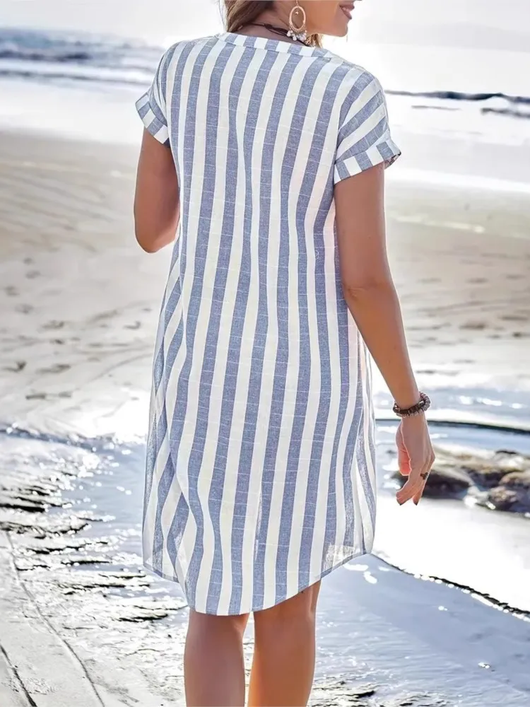 Elegant Striped Dress Lady Fashion Short Sleeve V Neck Button Shirt Dresses For Women Casual Holiday Office Womens Clothing New