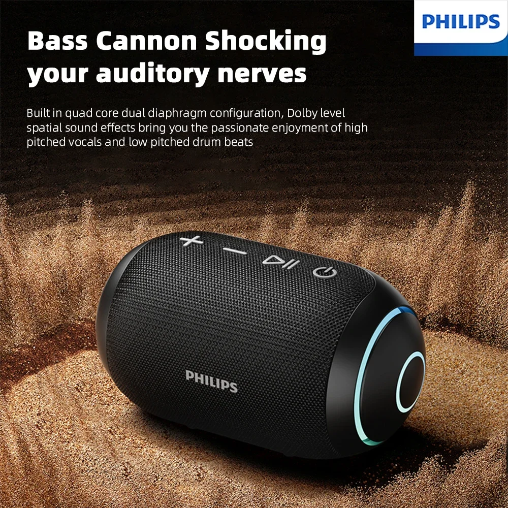 Philips TAS3209 Уличный портативный беспроводной динамик с цветным освещением, срок службы батареи 1800 мАч, чудесный звук, музыка для кемпинга