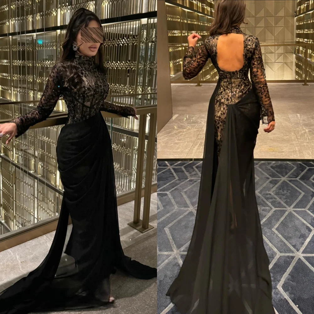 Maßgeschneidertes Temperament, hoher Kragen, Spitze, Falten, rückenfrei, lange Kleider, maßgeschneiderter Anlass, lange Ärmel, Abendkleid, Partykleid