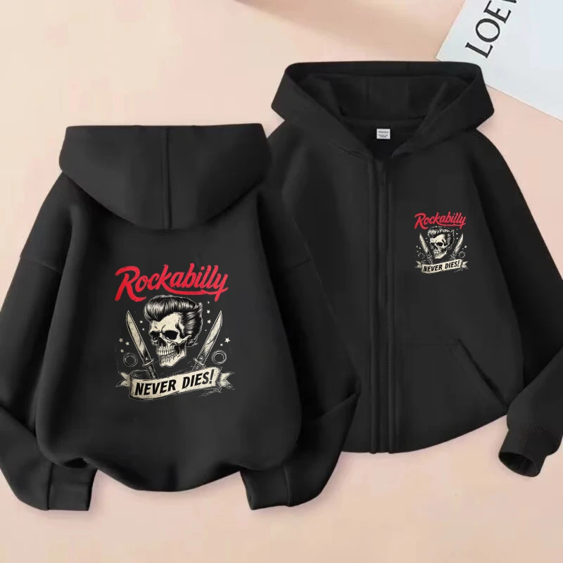 

Men's Hooded Jacket Black Rockabilly Skull Print Never Dies Zip-Up Sweatshirt for Casual Streetwear and Music Festivals