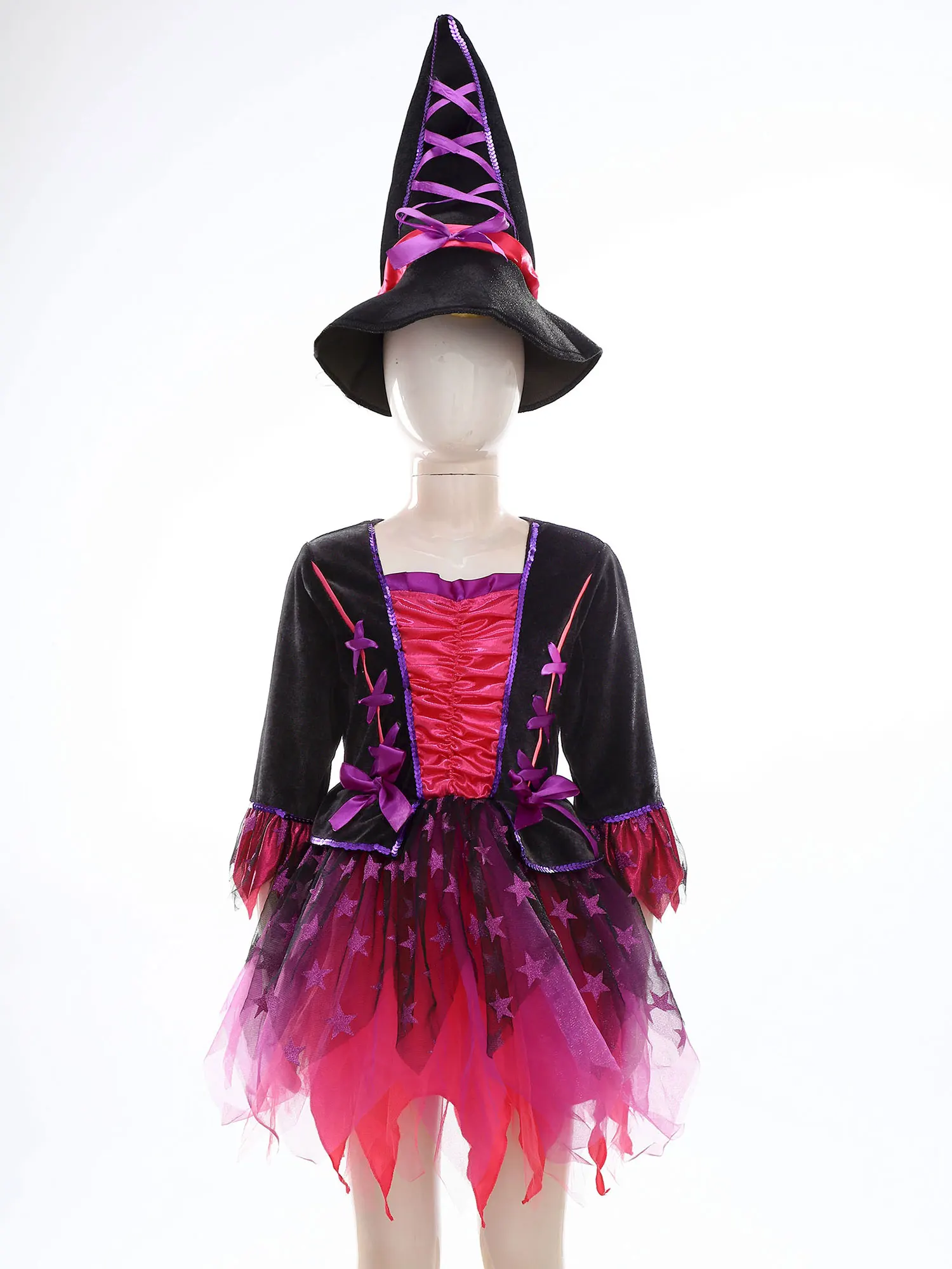 Big Girls Halloween Witch Cosplay Costume Tutu Dress with Witch Hat Magic Wand Set Fairytale Role Play Outfit for 3Y-12Y