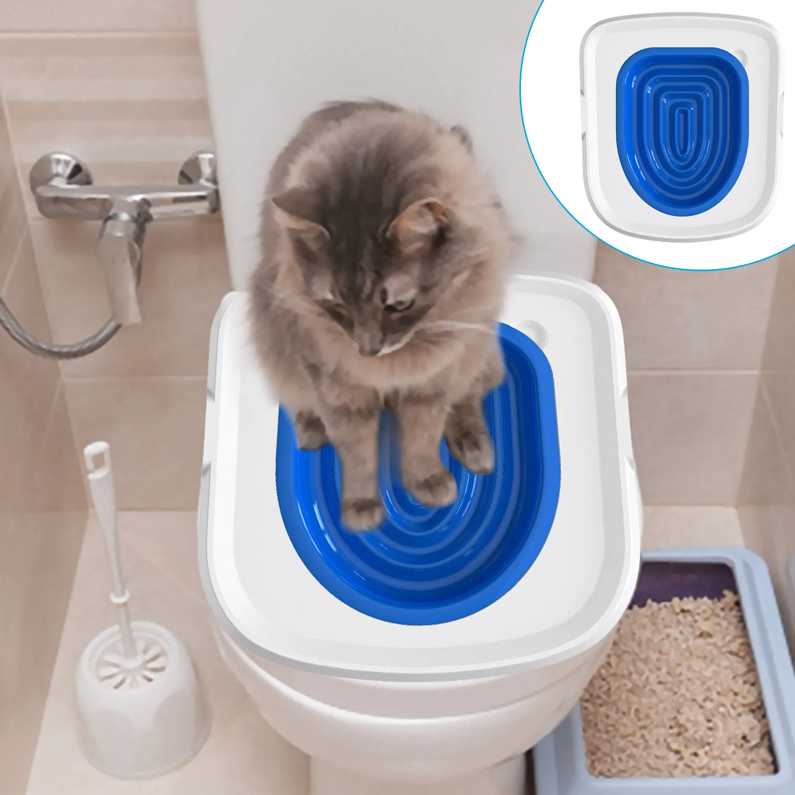 Cat Training Kit System for Toilet Kitty Toilet Trainer Urinal Seat with Extra Blue Tray-Teach Cat To Use Toilet Pet Supplies