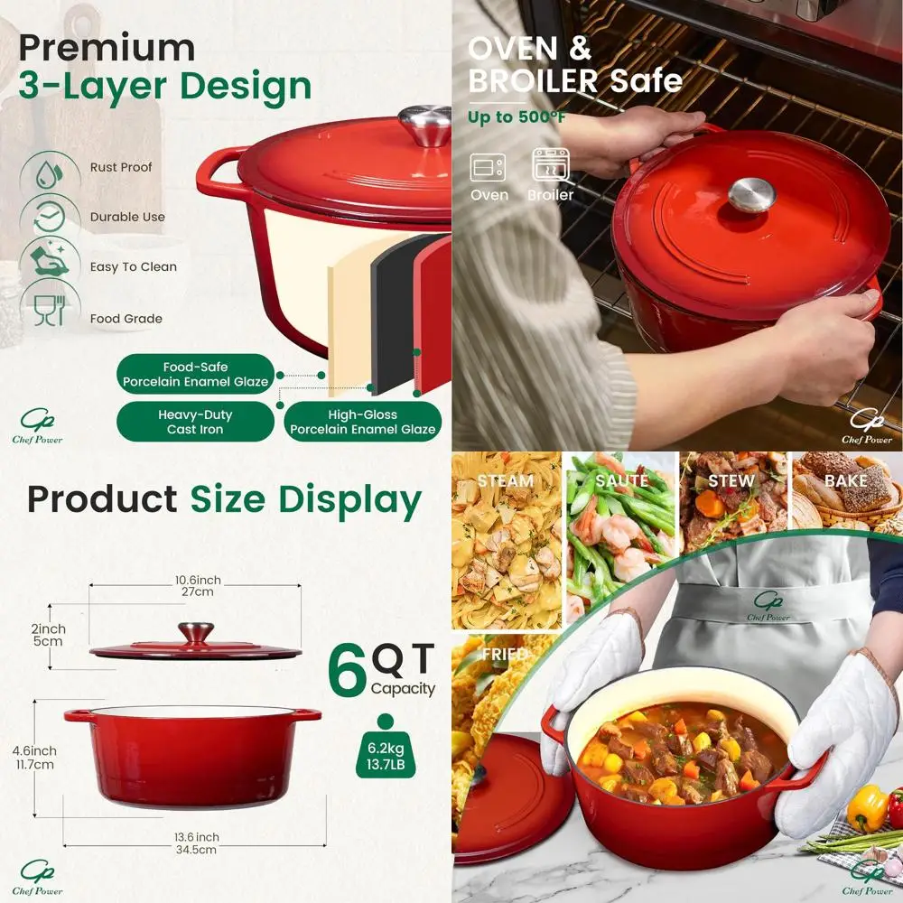 

6-Quart Enameled Cast Iron Dutch Oven with Lid, Perfect for Baking Bread, Braising, Stews, and Roasting, Oven-Safe, Gradient Red