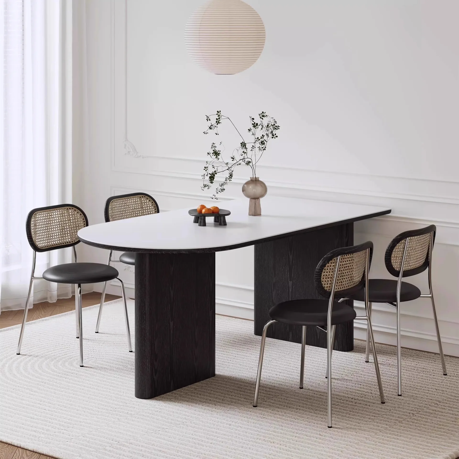French retro semi-round rock slab dining table small apartment Roman column against the wall Peninsula table Cream style