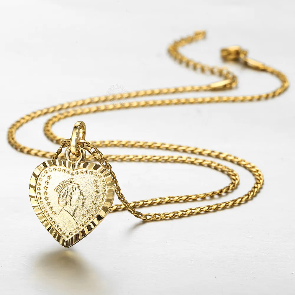 Hermah 2mm Gold Plated Heart-shaped Elizabeth Queen Charm Pendant Curb Chain Necklace for Women Girls Jewelry