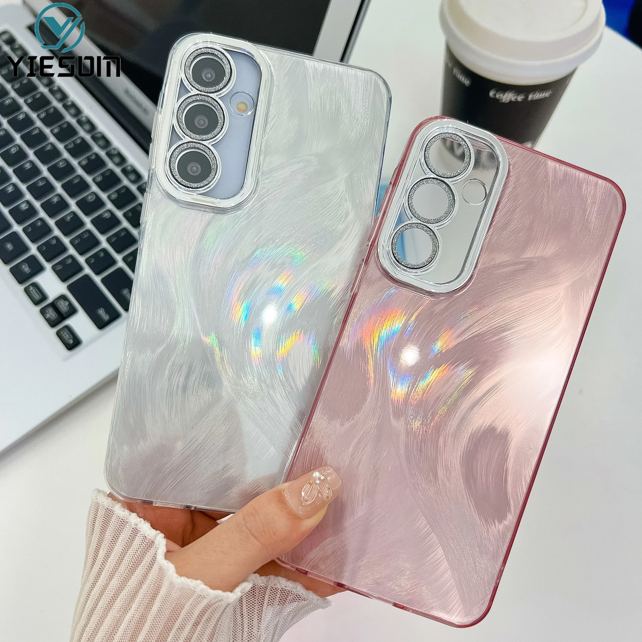 Luxury Laser Feather Phone Case for Samsung Galaxy A55 5G A35 5G A25 A15 A54 5G Gradient Rainbow Cover with Lens Film