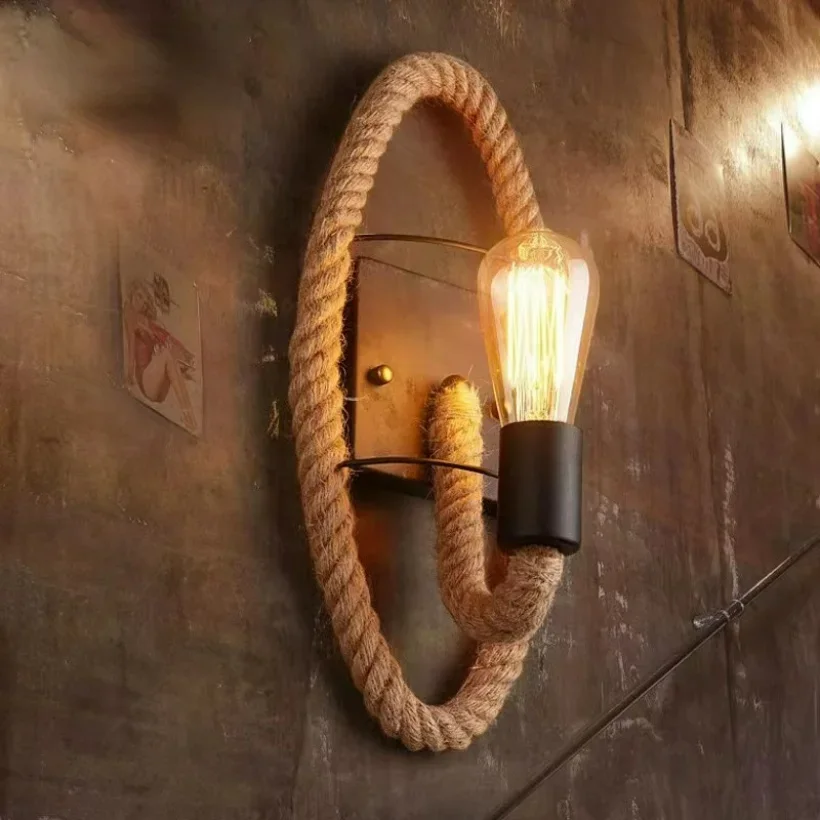 

Hemp Rope Wall Lamps for Bar Cafe Restaurant Vintage Loft Sconce Light Retro Hallway Decoration Background Lighting America