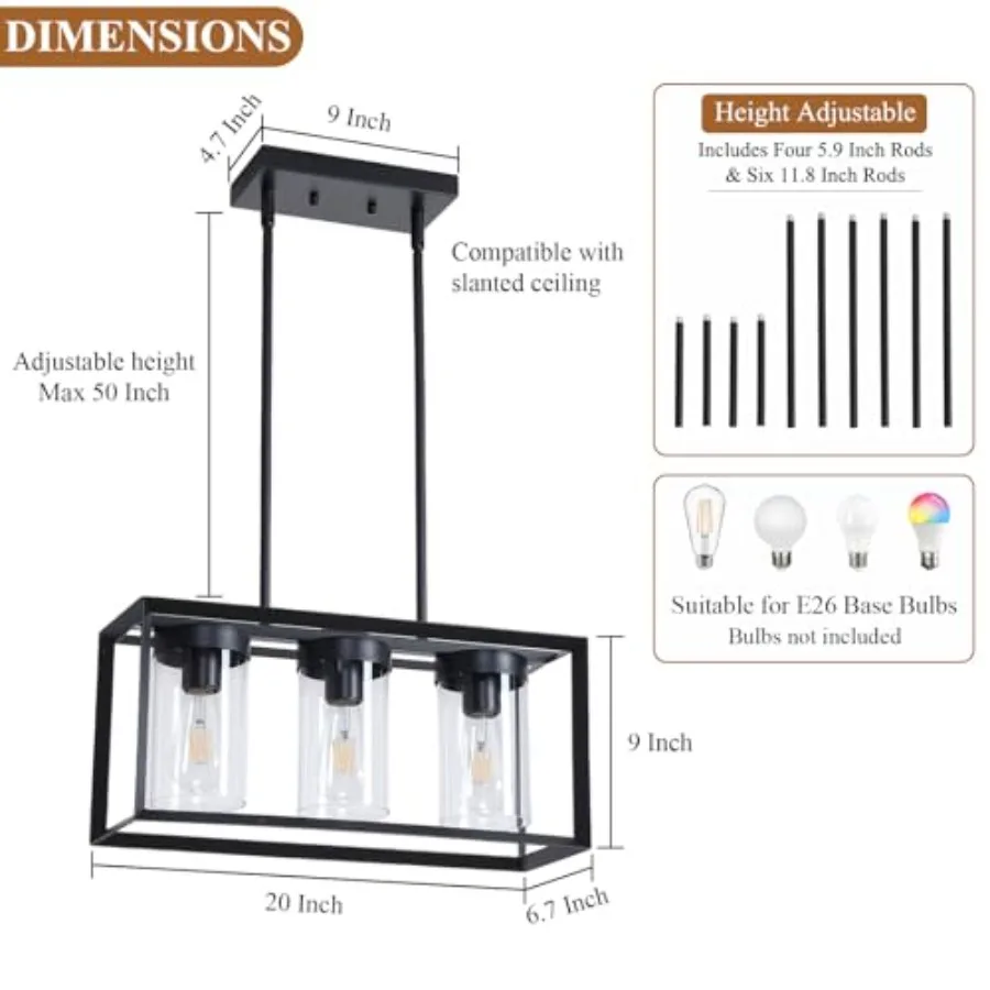 Black Rectangle Farmhouse Chandeliers, 3-Light Modern Linear Dining Room Light Fixture with Clear Glass Shades, Kitchen Island view 3
