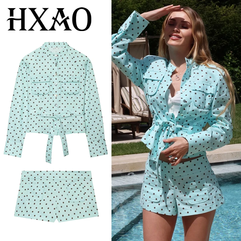 HXAO Women Polka Dot 2 Pieces Sets Mini Shorts Suits With Long Sleeve Blouse For Woman Summer Cute Vintage Vacation Outfits