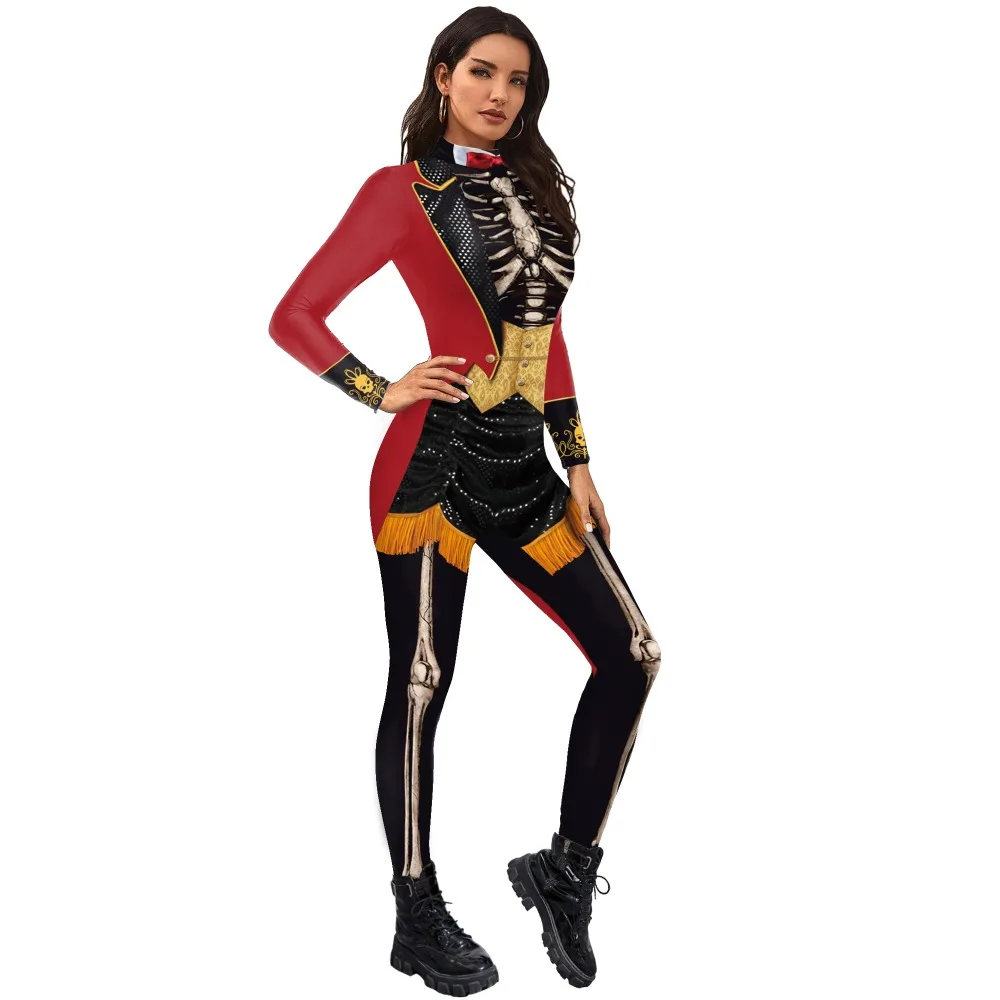 Fato de Esqueleto Feminino Halloween Bodysuit, Stretch, Macacão Magro, Macacão Feminino, Roupa Zentai Festa, Catsuit, Manga Longa, Palco Fino, 3D