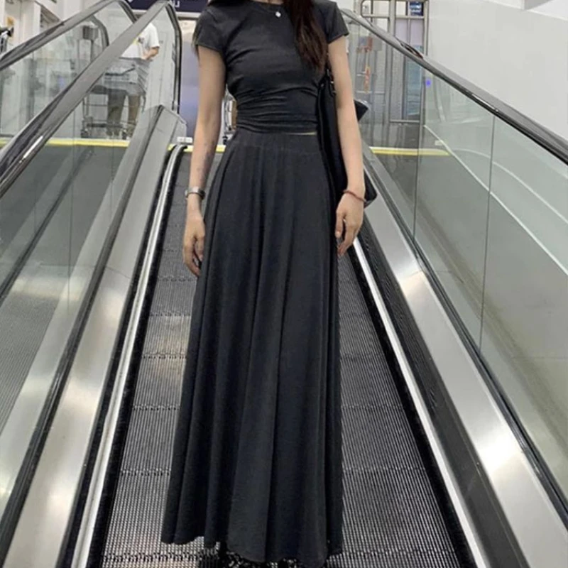 

Solid Sexy Style Long Skirt Suit Women Spring and Summer O-neck SlimHollow Top with High Waist A-line Fashionable Two-piece Set