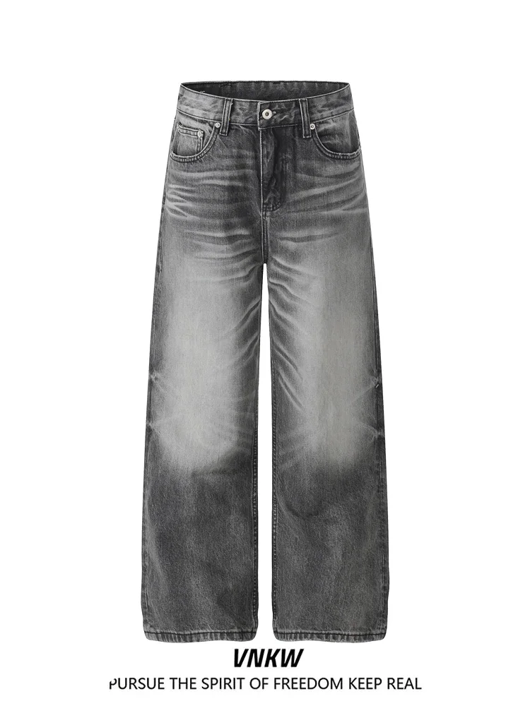 Calça Jeans Retrô Americana Lavada Preta e Cinza com Efeito Arranhado, Perna Reta, Solta, Larga e Casual para Homens e Mulheres