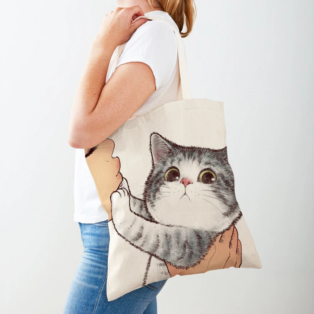 Both Sided Shopper Bag Funny Cartoon Cat Casual Women Shopping Bag Reusable Cute Pet Animal Canvas Lady Tote Handbag for Child