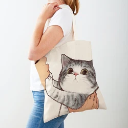 Borsa shopper su entrambi i lati Borsa per la spesa da donna casual con gatto divertente cartone animato Borsa tote da donna in tela riutilizzabile con animali domestici carini per bambino