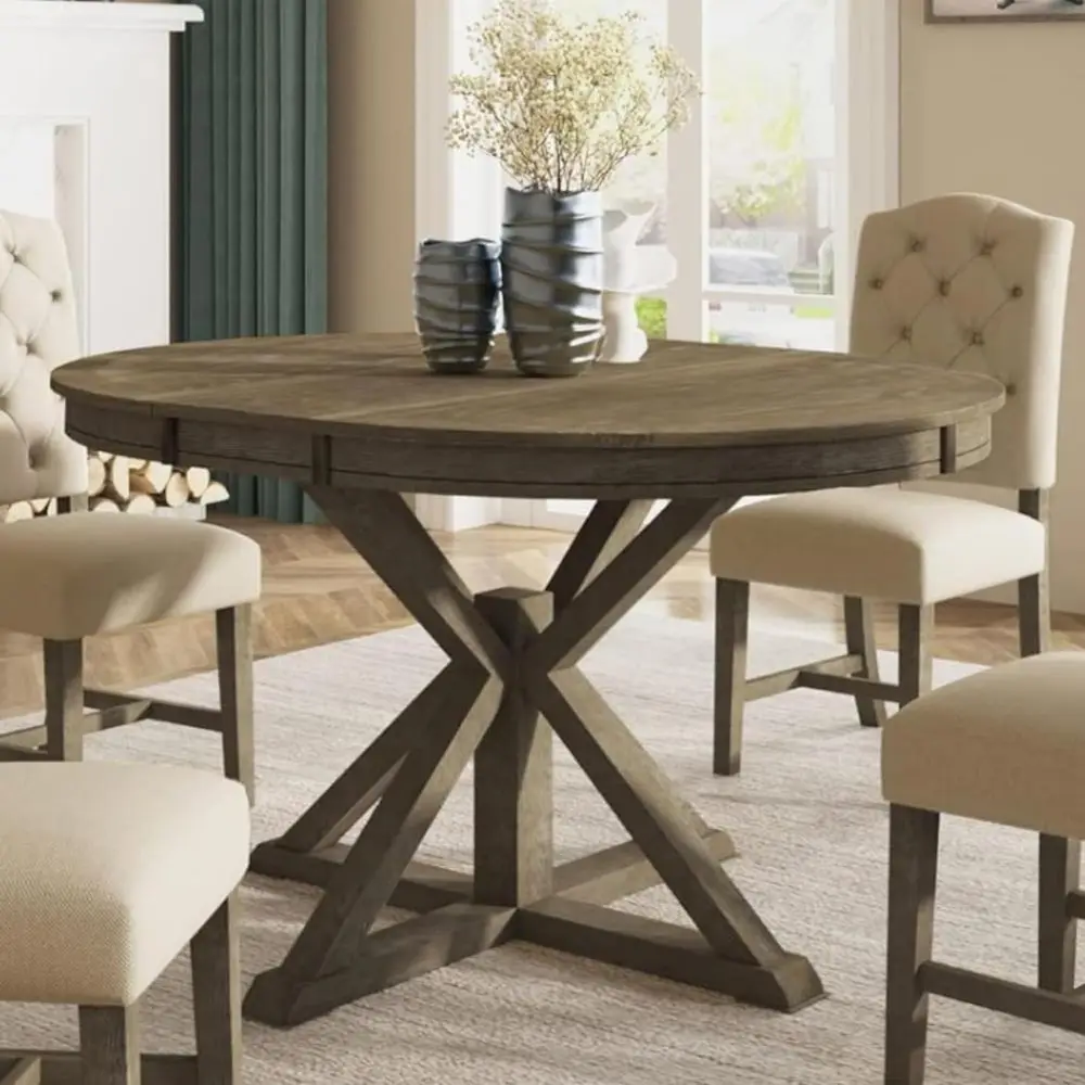 

54 Inch Round Extendable Dining Table, Suitable for 4-6 People, Century Modern Wood Design, Kitchen and Restaurant Use, Natural