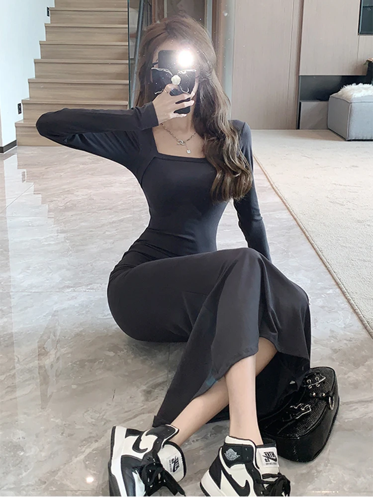 Abiti da strada da donna Casual Semplice Solido Collo quadrato Skinny Fishtail Abito lungo Elegante Lady Fashion Abiti Robe Primavera Autunno