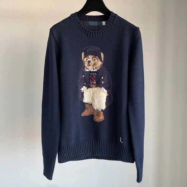 

Вязаный длинный свитер из чистого хлопка с вышивкой медведя, свободный крой, круглый, осенне-зимний женский топ в стиле ретро