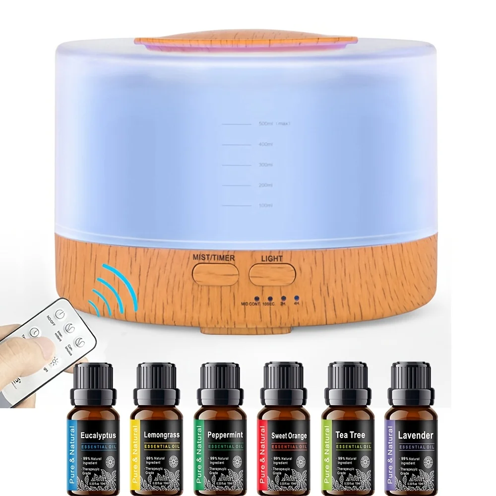 

Smart Aromatherapy Kit 500ML Humidifying Diffuser with Remote Control And Mood Lighting for Home Bedroom Includes 6 Therapy Oils