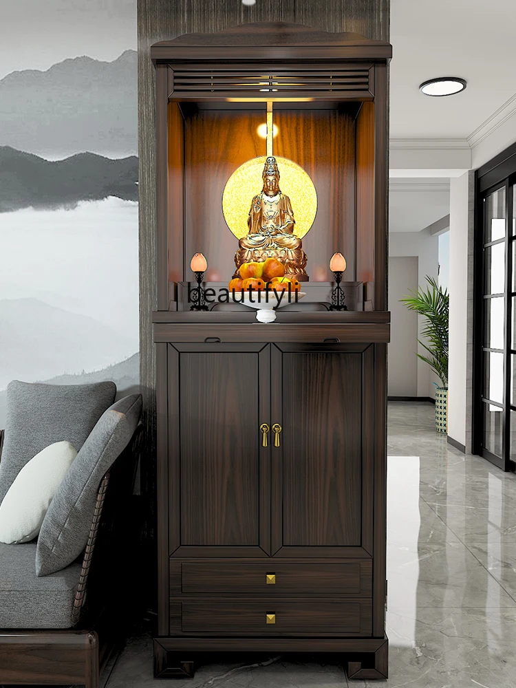 

New Chinese vertical cabinet Ebony Buddha cabinet Modern God of Wealth offering cabinet Black walnut