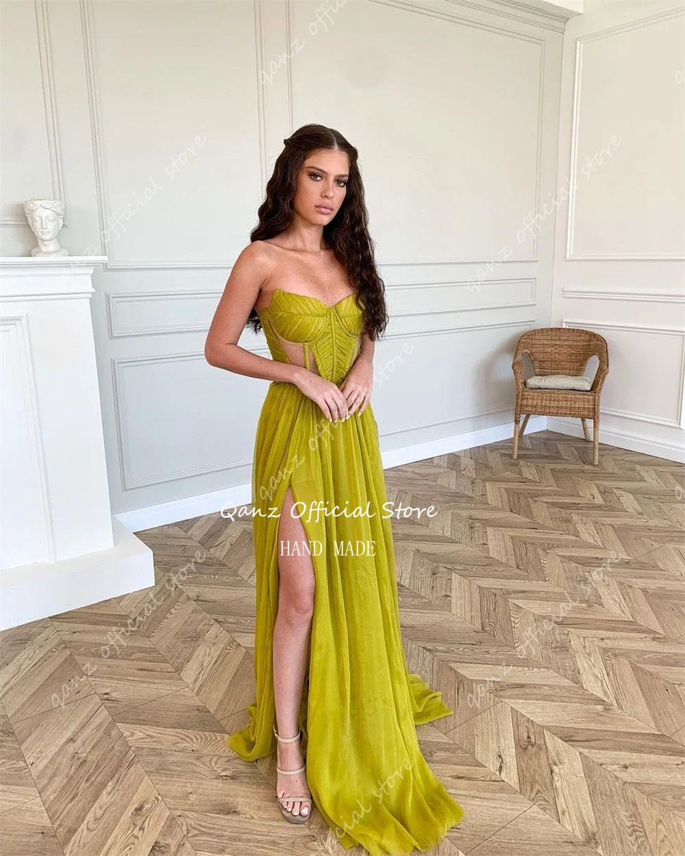 

Qanz Sexy Chiffon Evening Dresses Sweetheart Corset Back Long A Line Vestido De Noche Elegante Mujer High Slit Prom Dresses 2024