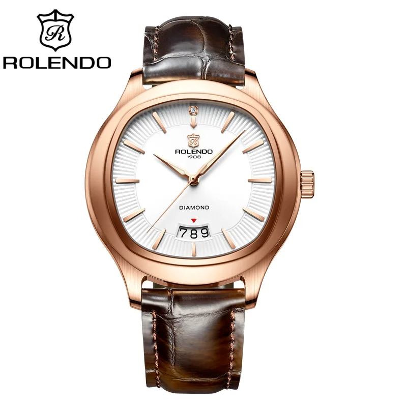 ROLENDO 7064 Luxury Man Watches Sapphire Glass Calendar Leather Strap Waterproof  Fashion Men's Mechanical Wristwatch