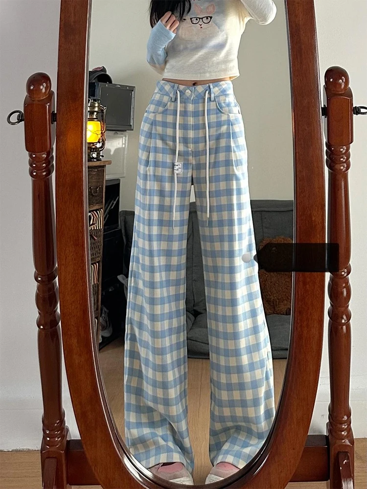 

Women's Summer New Style Lazy Fashion Trend Simple Artistic Versatile Trousers Blue High Waist Wide Leg Plaid Pants