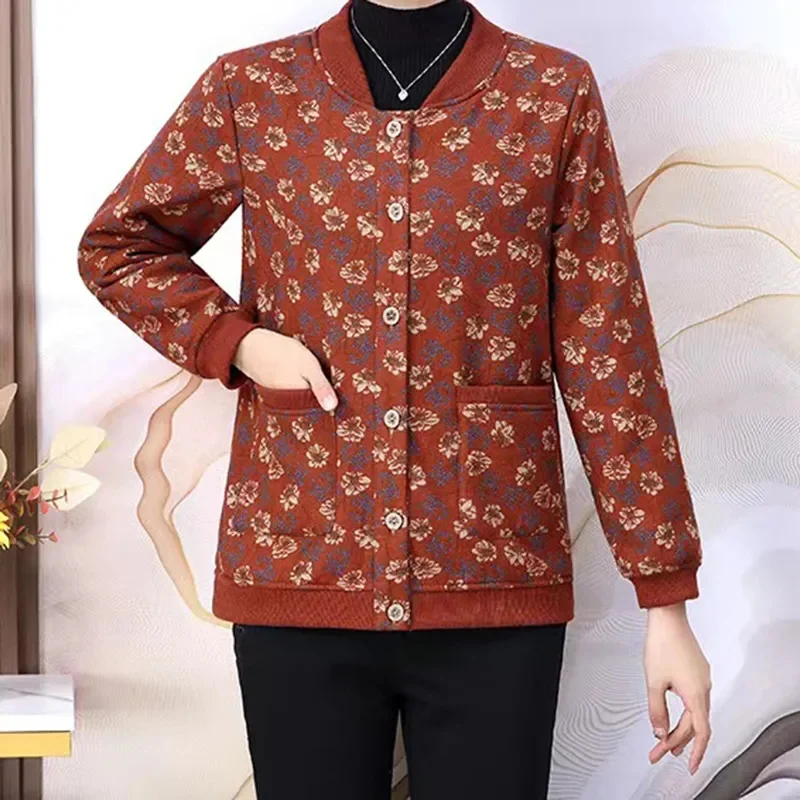 Middle-Aged And Elderly Women\'s Autumn winter Jacket 2023 New Loose Short Add Velvet Warm Coat Female Printing Outerwear Tops