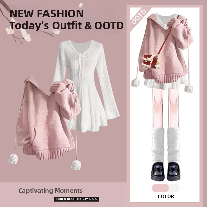 

Faionable 2024, зимняя женская шапка, свитер, комплект из двух предметов, утягивающая юбка, длинный свек, костюм для колледжа, ансамбль