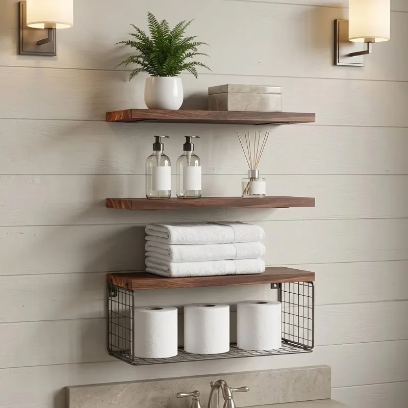 3Pcs Solid Wood Floating Shelves Wall Mounted Storage Rack With Wire Basket Bathroom Toilet Paper Holder Kitchen Organizer Decor