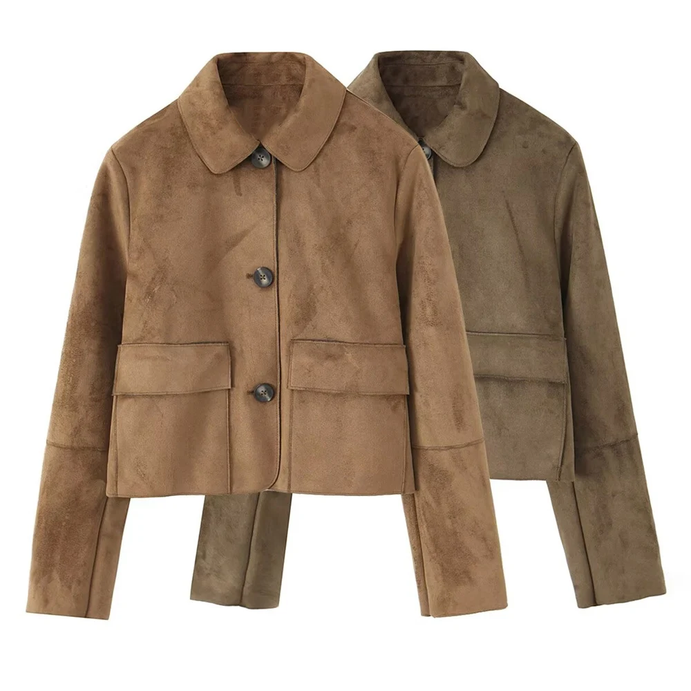 

Zach Ailsa women's autumn new item casual lapel long sleeved single breasted pocket suede effect short jacket jacket jacket