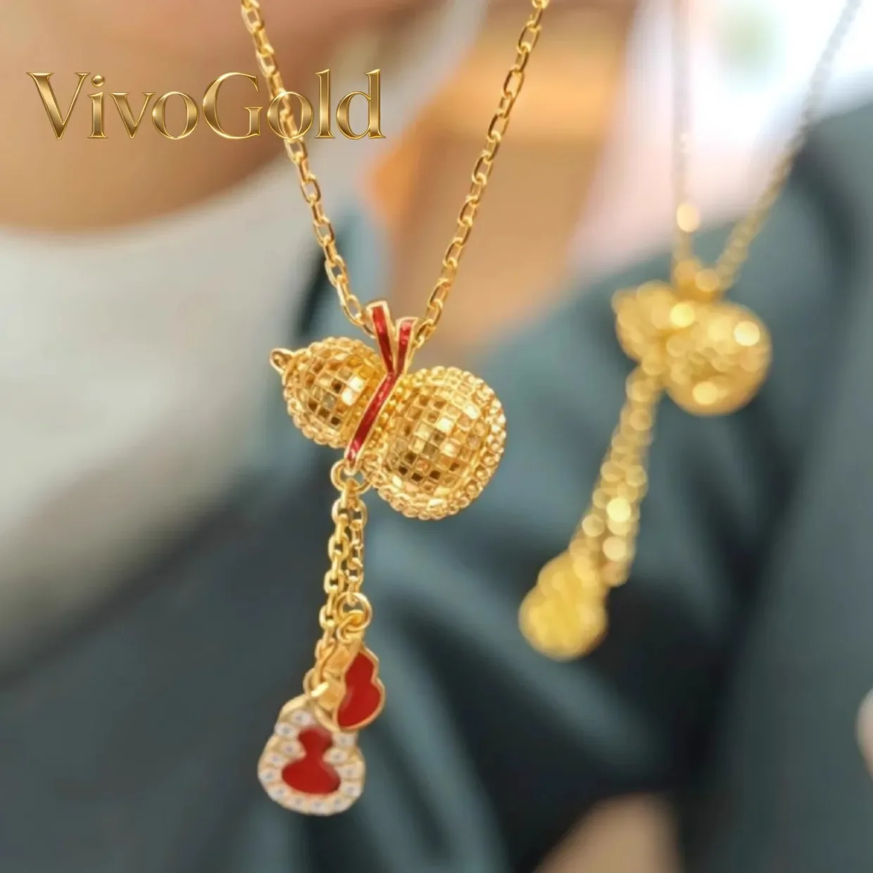 VivoGoldNew Chinese Enamel Color Hongyun Gourd Fulu 9999 24K Real Gold Necklace Women's Blasting Laser Dragon Scale Gourd Neckla