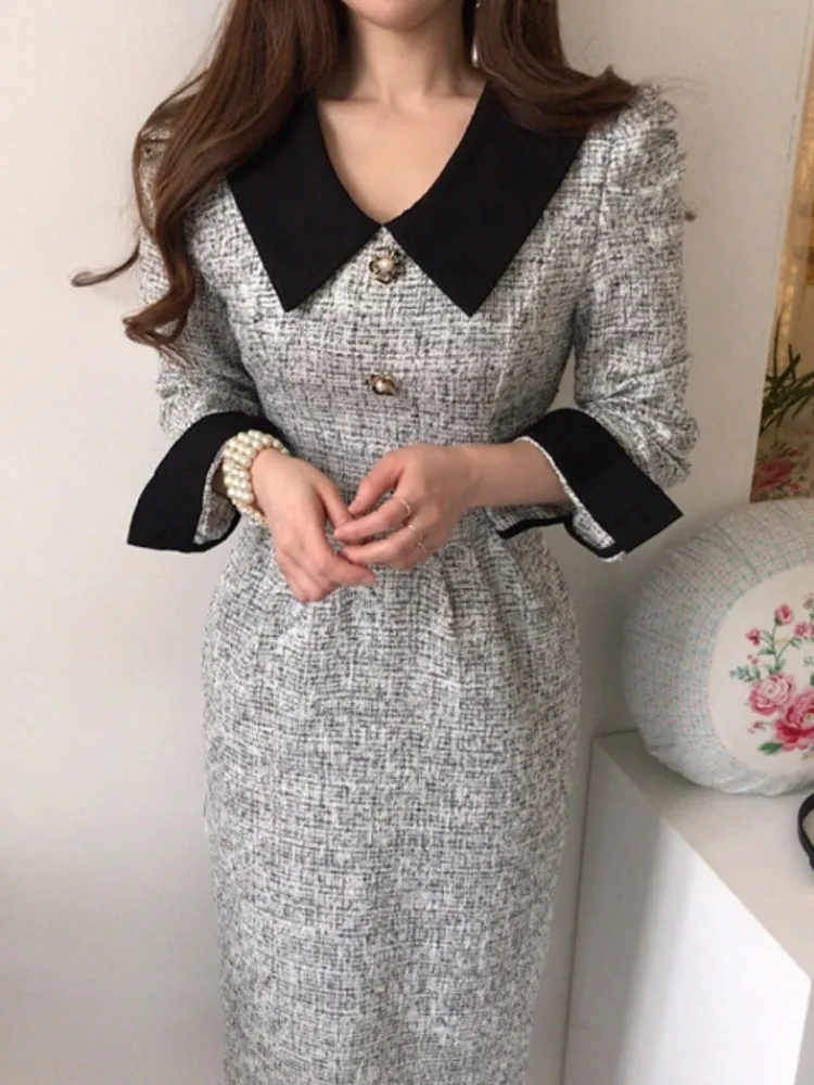 ชุดกระโปรงยาวทรงเอไลน์สไตล์เรโทรสำหรับผู้หญิง รุ่นใหม่ประจำฤดูใบไม้ร่วง ดีไซน์แบบฝรั่งเศส  หนาขึ้น  ลำลอง  ใส่ทำงานได้  ใส่เที่ยวได้