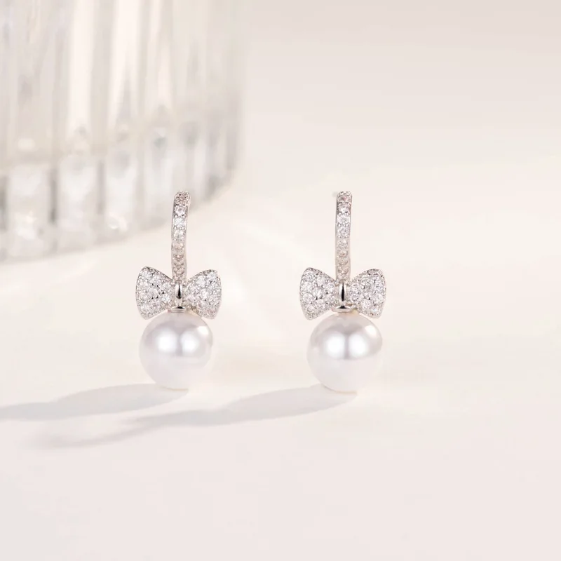 925 sterling silver Bowknot zircon Stud Earrings for Women Wedding Fashion Jewelry Pearl Earrings Valentine's Day Gift