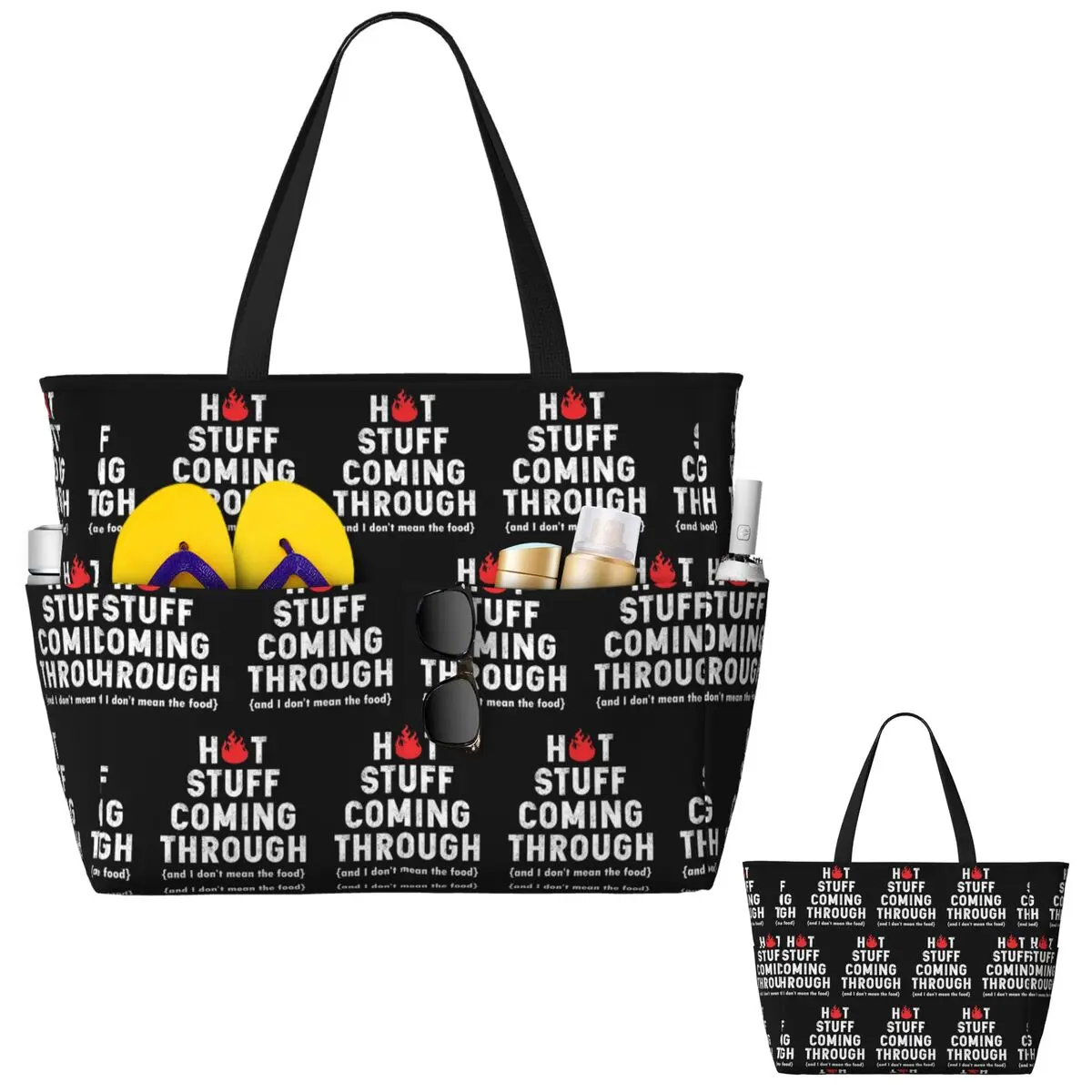 กระเป๋าโท้ทลาย Hot Stuff Coming Through Fire สำหรับใส่ของไปปิ้งย่างชายหาด ออกกำลังกาย เล่นโยคะ กระเป๋าเดินทางขนาดใหญ่สำหรับผู้หญิง กระเป๋าฟิตเนส
