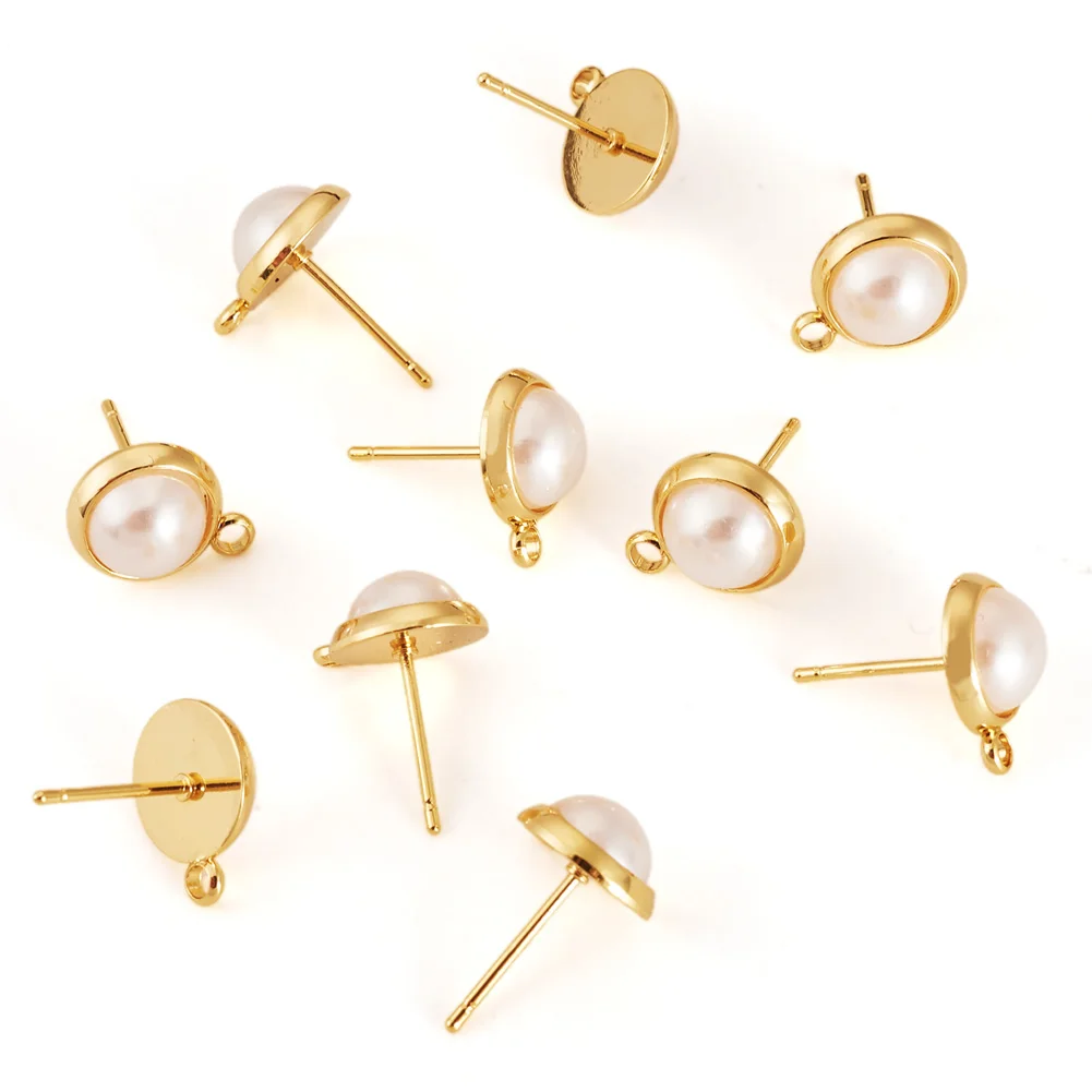 

10pcs Golden Brass Stud Earring Findings with Loop ABS Plastic Imitation Pearl Beads Ear Studs for DIY Earring Jewelry Making