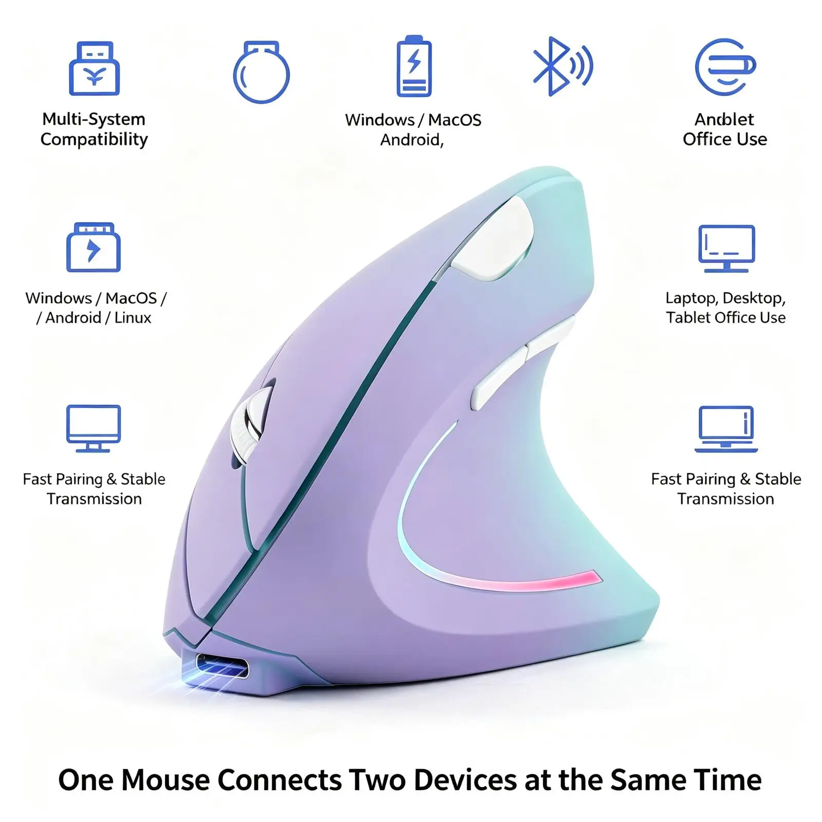 Bluetooth+2.4GHz Rechargeable Ergonomic Vertical Wireless Mouse Silent Type-C Charging Anti-Wrist Pain Mice For Windows Mac