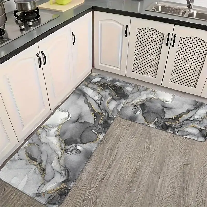 Luxurious Marble Print Kitchen Rug, Non-Slip Cushioned Comfort Standing Mat, Heavy Duty Floor Carpet for Home Sink Laundry