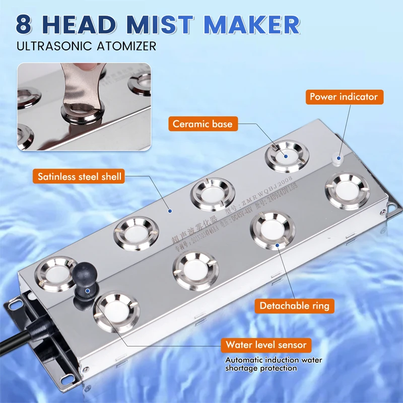 DC 45V 8 head Ultrasonic Atomizer Air Humidifier Fogger Mist Maker Fountain Pond Atomizer Greenhouse Hydroponics