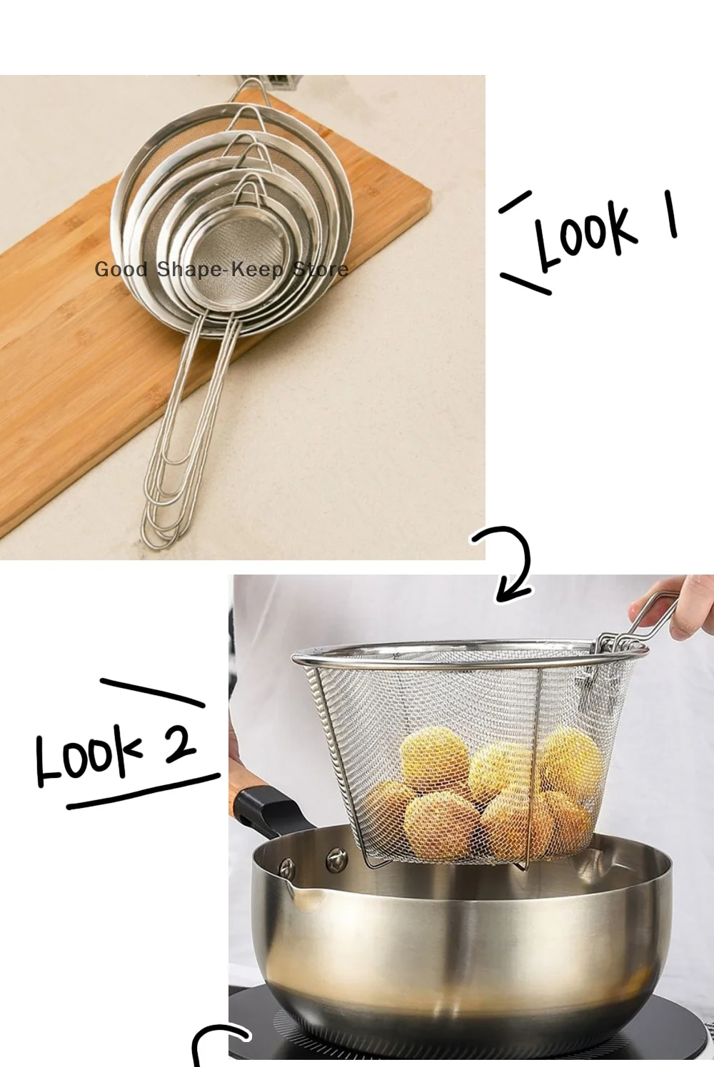 

1/3PC Stainless Steel Fine Mesh Flour Sifter Set With Handle For Cooking Strainer Accessories Fry Basket Strainer Basket