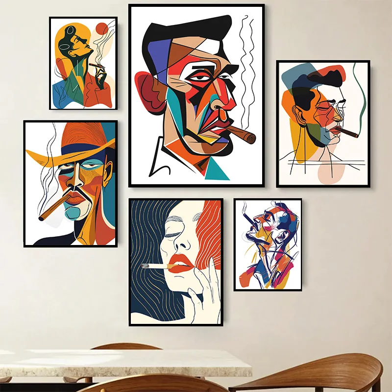 Minimal Lines Cigar Smoke Man Woman with Cigar Smoing Art Posters Canvas Painting Wall Prints Picture for Living Room Home Decor