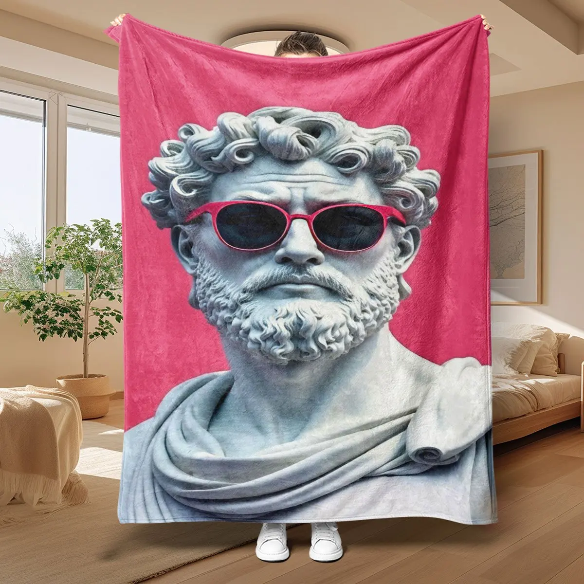 Giant Classical Greek Statue Bust Man Sunglasses Print Throw Blanket Cozy Fleece Decor Tapestry Art for Home 150x200cm