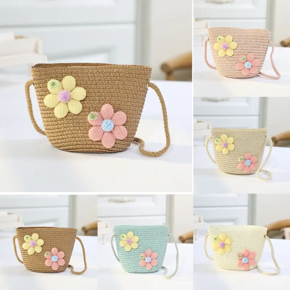 Handmade Woven Girl Flower Straw Bag Zipper Coin Purse Kid Messenger Bags Storage Basket Photo Props Crossbody Handbag
