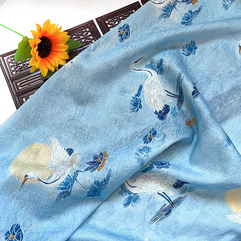 

Length 100cm Jacquard Fabric Blue Heron Pattern Linen Blend Hanfu Qipao Dress Clothing Material Sewing Chinese DIY Craft Fabrics