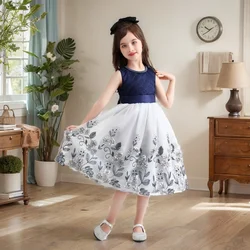 Fashion Floral Dresses Children Sleeveless Cute Printed Princess Dress O-Neck Festival Party Host Costume Kids Spring Summer