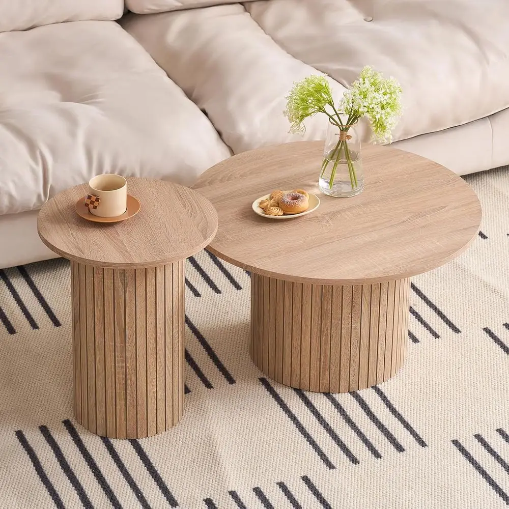 Round Coffee Table Set of 2, suitable for small spaces, modern style, suitable for living rooms, roller design, wooden.