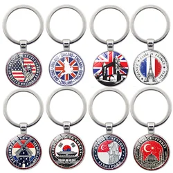 National Flags Keychains Korean Singapore Netherlands United Kingdom Big Ben Spain India Japan Italy Glass Pendant Keyring Gift