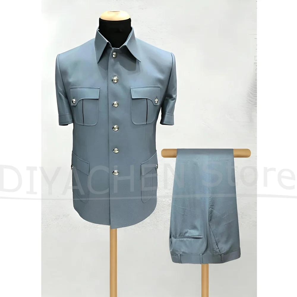 Men Two Piece Suit Short Sleeve Multi Pocket Jacket And Trousers Custom Casual Formal Outfit For Business Wedding Party Wear
